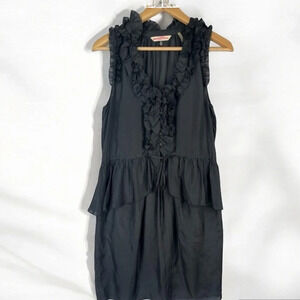 Rebecca Taylor Gray Ruffle Trim Silk Dress Rhinestone Buttons Sleeveless Sz 6